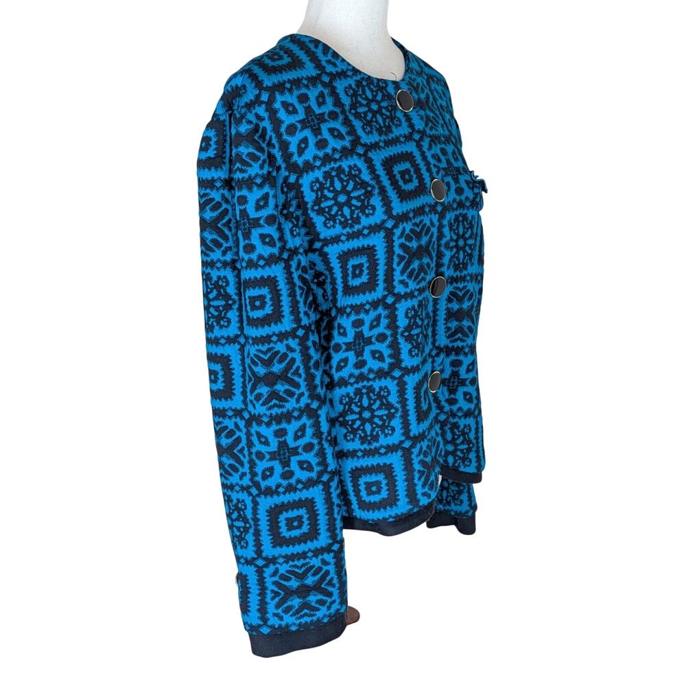 Vintage Leslie Fay Lady Jacket Blazer Button Up Crop Teal Black USA Size 18 - Picture 3 of 8